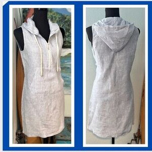 Two Sisters, Denim Striped ,Hooded Shift Dress, Pocketed, Secure Drawstring, S